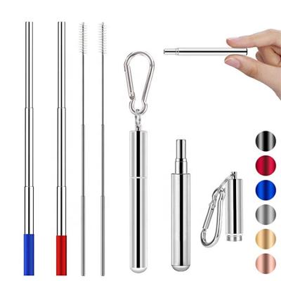 China Stainless Steel Disposable Reusable Portable Straw Folding Suction Metal Belt Telescopic Cleaning Brush With Silica Gel Straw for sale