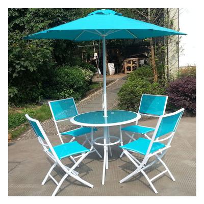 China folding chair 4+1 kd table+6 pieces 1umbrella sets outdoor folding plastic garden chair and round table with garden patio umbrella for sale