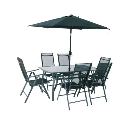 China folding chairs 6pcs + 1 kd plastic outdoor table and chair 8 sets of kd table +2.2m garden umbrella high end rattan funiture with umbrella for sale