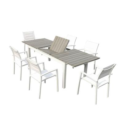 China Luxury PSB17 7pc Sets Modern Plastic White Luxury Aluminum Outdoor Dining Table Chairs Set for sale