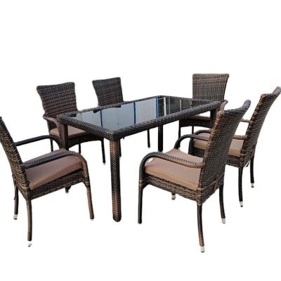 China HTN172 7 Piece Garden Wicker Luxury Dark Brown Wicker Dining Table Rectangular 6 Seater Rattan Chair Outdoor Patio Dining Set for sale