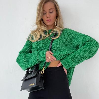 China Breathable wholesale hot sale long sleeve women knit to wear sweater o neck loose warm sale green blue knitted sweater for sale