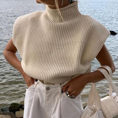 China Casual Oversized Waterproof Fashion Turtle Neck Loose Knitted Vest With Epaulets Women Autumn Sweater for sale