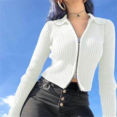 China Anti-wrinkle 7 color doubt zipper UP long casual knitted women Autumn Korean Crop top skinny sleeve cardigan sweater top for sale