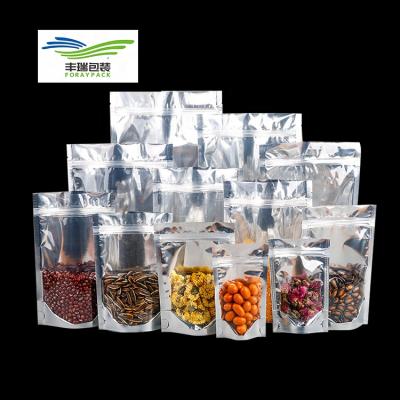 China Moisture Proof in Front Silver Gold Resealable Custom Clear Stand Running Up Ziplock Food Packaging Mylar Foil Pouches Bags for sale