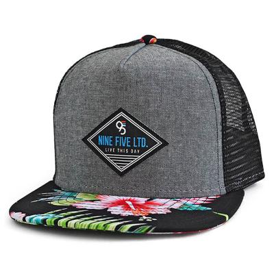 China JOINT Woven Label Patch Custom 5 Panel Mesh Snapback Hat for sale