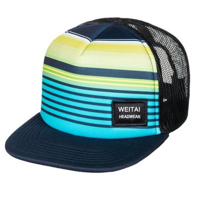 China JOINT Nylon Mesh Custom Woven Label Stripe Printing 5 Panel Flat Brim Trucker Hat for sale