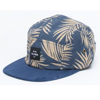 China COMMON All Over Palm Leaves Printing Woven Patch Logo Hawaii Style 5 Panel Custom Hat for sale