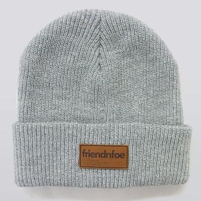 China COMMON High Quality Custom Light Gray Winter Hat Knit Beanie With Leather Badge for sale