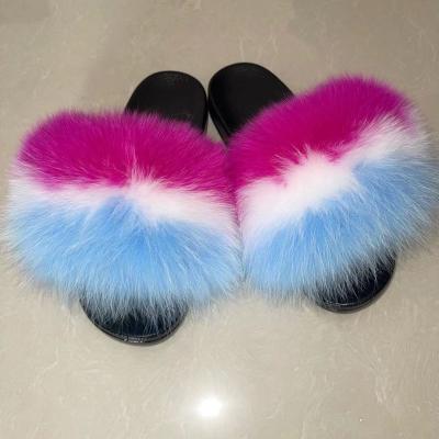 China CUSHIONING Most Popular Black Fox Fur Slides Large Fur Slippers Ladies Slippers And Sandals for sale