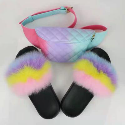 China CUSHIONING New Arrival Women Fashion Real Fluffy Fur Slides Fanny Pack Set Customize Luxury Big Fur Slides for sale