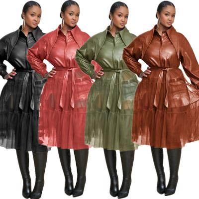 China Women Streetwear Faux Mesh Patchwork Long Sleeve Pu Coat Breathable Leather Jacket Long Sleeve Dress for sale