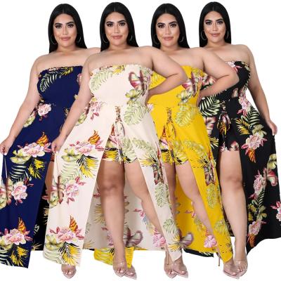 China Breathable women plus size strapless overalls slit backless lace up sleeveless 2021 summer stretch floral print rompers for sale