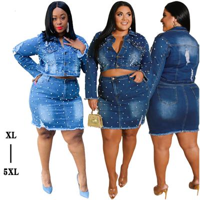 China Breathable XL-5XL women plus size large yards tops large size lace denim suit women elegant floral elastic tees women for sale