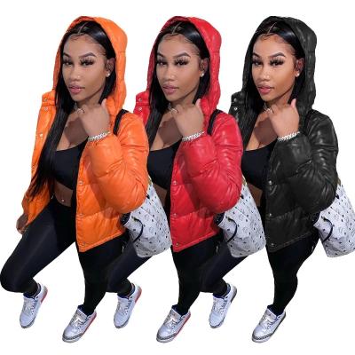 China Shiny Short Stripper Jackets For Ladies Cute Hooded Outerwear Coat Bubble Zipper Women's Winter Warm Clothes for sale