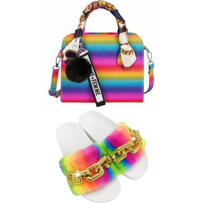 China Fashion Trend Rainbow Chain Faux Fur Slippers Pinch Sandals Set Fluffy Fur Slides And Purse Set Handbag Fashion Shoes Zapatillas De Mujer for sale