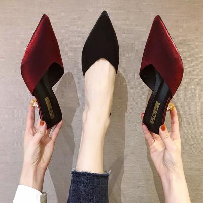 China Women Deodorization Calfskin Sandalias Shoes Crystal Square Heel Mule Slippers Transparent Colorful Sharp for sale