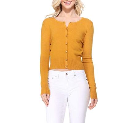 China Anti-Wrinkle Women Knit Sweater Long Sleeve Short Round Neck Cropped Slim Button Ribbed Cuff Cardigan Sweater for sale