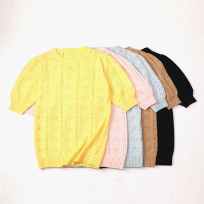 China Anti-Wrinkle Fashion Ladies Hollow Out Short Sleeve Round Neck Sweater Rocket Sleeve Knitted Upper for sale