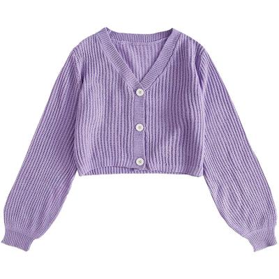 China New Autumn Fashion Front Cardigan Sweater Solid Color Anti-wrinkle Lantern Button Long Sleeve V-neck Short Knitted Sweater Jacket for sale