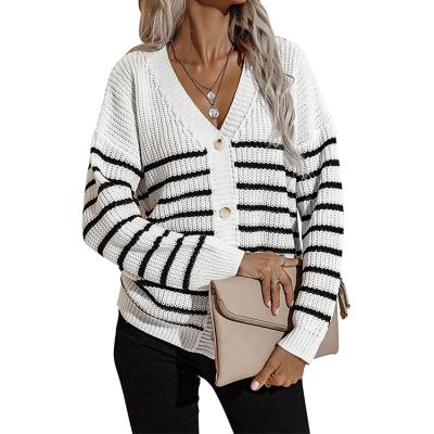 China Anti-wrinkle Women's Long Sleeve Striped Buttoned Sweater Cardigan Jacket Loose V-Neck Raw Knit All-match for sale