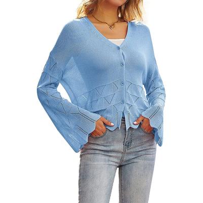 China Autumn Fashionable Blue Anti-Wrinkle V Neck Flare Sleeve Ladies Long Button Up Tops Hollow Out Single Breasted Slim Sweater For Women for sale