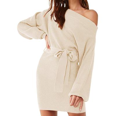 China Anti-Wrinkle Women's One-Shoulder One-Neck Knit Casual Slim Sleeve Mini Sweater Dress With Belt Batwing Dress for sale