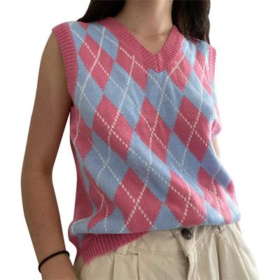 China 2021 Breathable New Stylish Spring and Autumn Women's V-neck College Style Diamond Plaid Shirt Knitted Vest Tops for sale