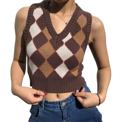 China Custom Women's Color Matching Rhombus Sweater Vest Tops Summer Brown Rhombus Short Sleeveless Sweater V-Neck for sale