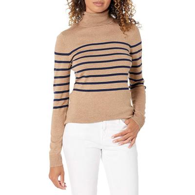 China Wholesale Khaki Turtle Neck Long Sleeve Anti-wrinkle Winter Slim Girl Bottoming Top Striped Soft Knitted Women Pullover Sweater for sale