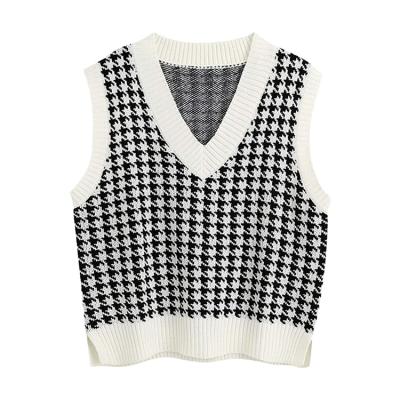 China New Style Breathable Sleeveless Knit Autumn Retro Side Split Loose V-Neck Check Houndstooth Vest for sale