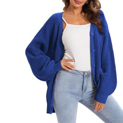 China Anti-Wrinkle Women's Cotton Casual Solid Blue Bat Wing Sweater Custom Knitted Loose Sleeve Jacket for sale