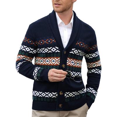 China Anti-wrinkle Rib Cuff Fair Isle Pattern Fashion Men's Zipper Stand Collar Cardigan Sweater Wholesale for sale