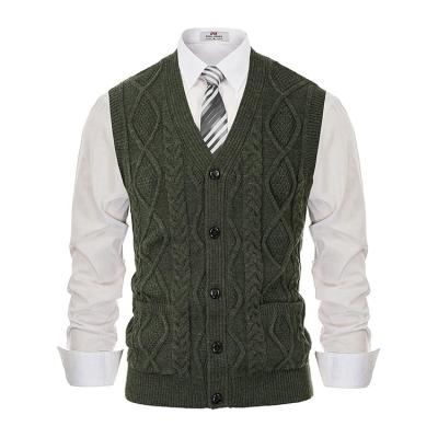 China 2021 Anti-Wrinkle Mens Cable Vest Button Casual V-Neck Twisted Sweater Vest Knitwear Sleeveless Sweater for sale