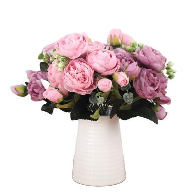 China 30cm Eco-friendly Artificial Flowers 5 Heads Bride Rose Pink Silk Bouquet Peony Large Wedding Home Decoration Flowers for sale