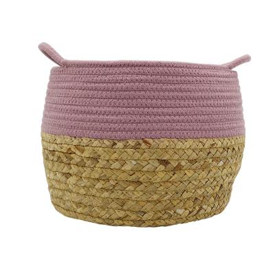 China 2020 New Design Sustainable Style Natural Material European Straw With Cotton Storage Basket Cotton Rope Basket for sale