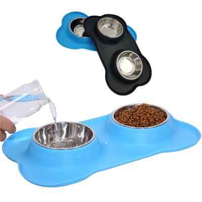 China Factory Price Silicone Viable HECION Pet Feeding Mat With Double Stainless Steel Dog Bone Shaped Bowl for sale