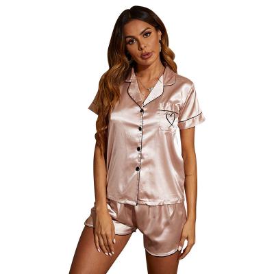 China Factory Price Ladies Heart Embroidery Shorts QUICK DRY Sleeve Set Sexy Nude Silk Pajamas For Women for sale