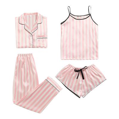 China High quality QUICK DRY sexy silk pajamas 4 piece satin set sling top women stripes sleepwear costume for sale