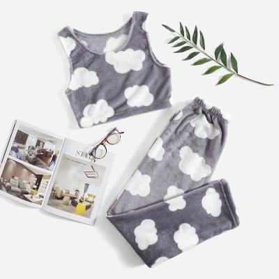 China 2 Piece Cartoon Winter Wholesale Flannel Thermal Sleeveless Top Women Loungewear Soft Warm Pajamas Set for sale