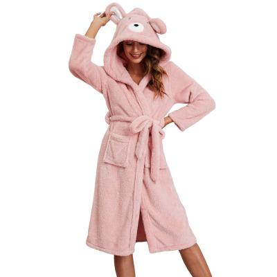 China Pink Thermal Cute Sleepwear Winter Long Sleeve Women's Nightgown Flannel Hooded Robe With Hoodie And Bear Ears for sale