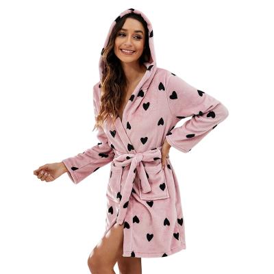 China Thermal Women's Winter Print Bathrobe With Polyester Thermal Women's Long Robes Hoodie Pocket Soft Flannel Sleepwear for sale