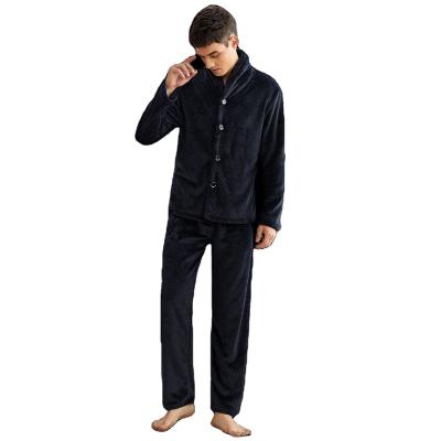 China Wholesale Thermal Mens Soft Flannel Pajamas Two Piece Set Stand Collar Custom Nightgowns Thickened Solid Homewear for sale