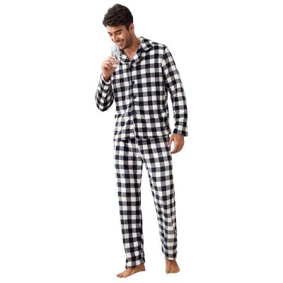 China Custom Mens Thermal Sleepwear Two Pieces Polyester Set Flannel Pajamas For Men Plaid V-Neck Homewear High Quantity for sale