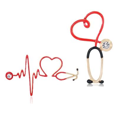 China Fashionable Hot Selling Health Stethoscope Cardiogram Heartbeat Enamel Designer Brooch Nurse Red Black Accessories for sale