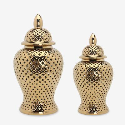 China J156G CLASSIC European Ginger Pot Gold Hollow Ceramic Vase Sets Home Decor for sale