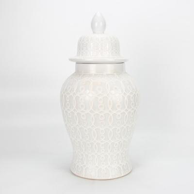 China J101 Wholesale White Wedding Decor Minimalist Jar Sets Hot Sale Tall Ceramic Lace Pattern Ginger Jar for sale