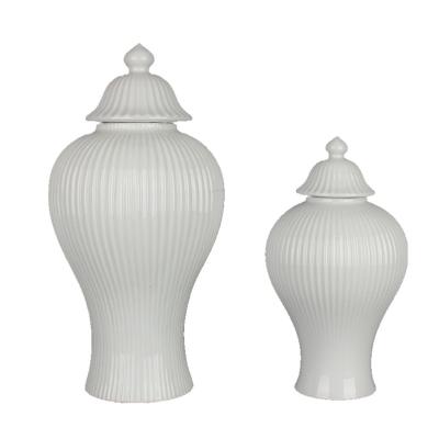 China J122 Minimalist Ginger Jar Pair Wholesale Porcelain White Ceramic Stripes Jars With Lid Wedding Decoration for sale