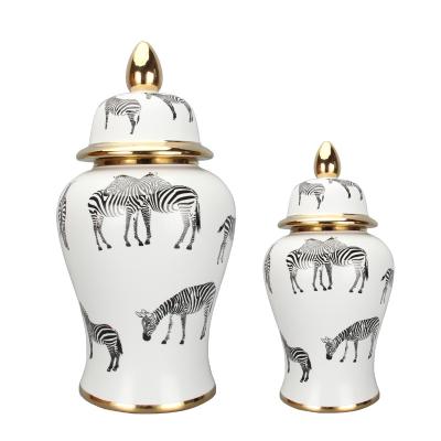 China J017 Traditional Elegant Ceramic Zebra Ginger Jar Sets Porcelain White And Gold Jar With Lid Home Decor for sale