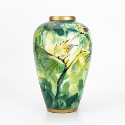 China Onyx Green Painting Bird Vase Hotel Large Flower Floor Decorative Vase Simple Minimalist Ceramic Vase Home for sale